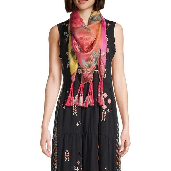 Johnny Was Emboy Scarf Silk Square Large Floral Pink Yellow Tassel Scarves New - Picture 6 of 6